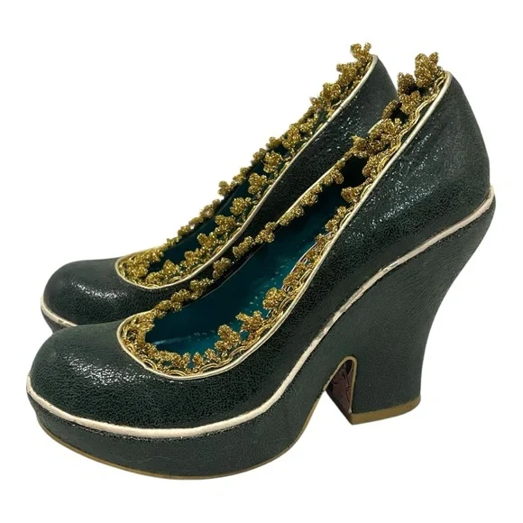Irregular Choice Green Leather Gold Ricrac Slip On Platform Pumps Heels Women 38 - Picture 1 of 14